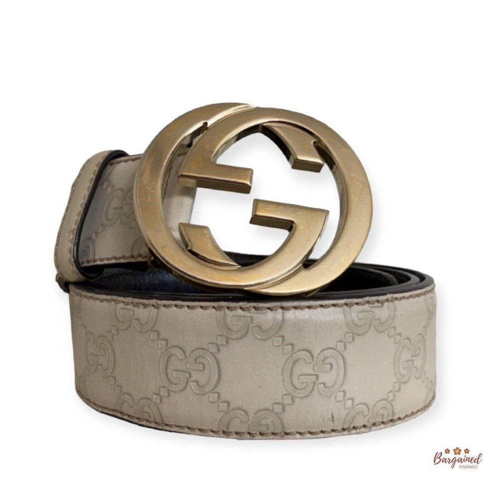 Authentic Gucci Cream Guccissima Leather Gold Interlocking G Buckle Belt 90/36